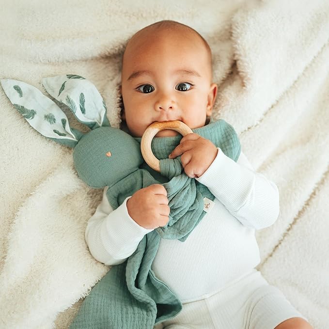 Mikito Organic Cotton Newborn Gift Box, Unisex Baby Gifts Including Muslin Lovey Comforter, Bandana Bib, Wooden Teether & Birth Announcement Sign