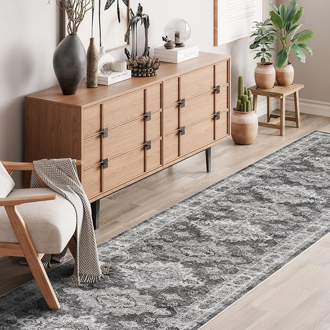 Dripex Hallway Runner Rug 2x10, Washable Rug Kitchen Rug Non Slip with Rubber Backing Soft Thin Vintage Carpet Runner for Entryway Bedroom Bathroom Laundry Room Living Room Decor, Charcoal/Black