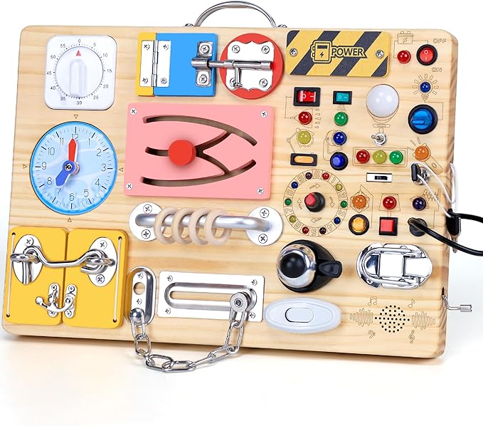 25 in 1 Busy Board with 13 LED Light Switches and 12 Activity, Montessori Toys for 1 2 3 Years Old, Wooden Sensory Board, Toddlers Travel Toys for 1+ Year Old Boy & Girl Birthday Gift（Extra-Large）
