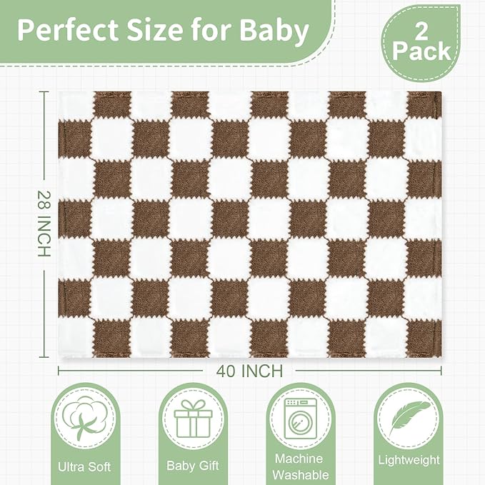 Checkered Baby Blanket for Boys Girls, 2 Pack Soft Baby Boy Girl Blankets, Small 28 x 40 inches Toddler Fleece Blanket, Essentials Crib Stroller Items, Newborn Gift (Coffee)