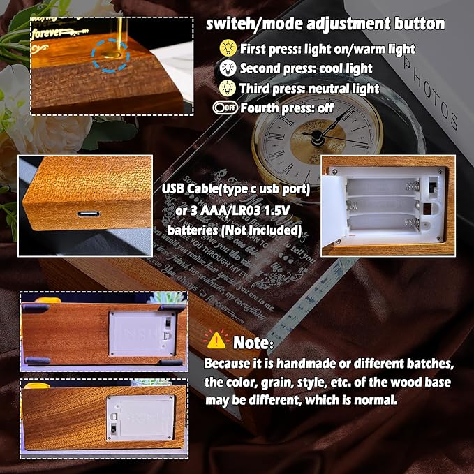 Glass Clock Gifts for Wife from Husband with Wooden Light Base, Personalized Gift for Wife Who Has Everything on Birthday Valentine's Day, Presents for Her on Christmas Home Desk Clock