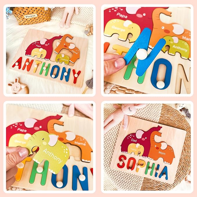 Name Puzzles for Toddlers 1-3, Personalized Name Puzzle with Elephant Family Wooden Puzzle for Toddlers 1-3, First Birthday Gifts for Boys Girls, Personalized Gifts for Mom Dad Kids, Baby Learning Toy