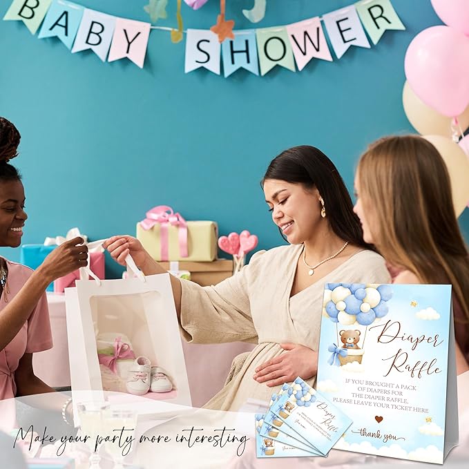 Blue Teddy Bear Diaper Raffle Set For Baby Shower - 50 Raffle Tickets With 1 Standing Sign - Baby Announcement, Gender Reveal Baby Shower Party Decoration Game Set - A01