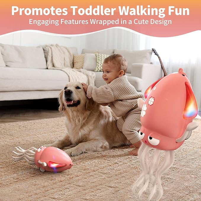 Interactive Dancing Octopus Toy, LED Light-Up Music Crawling Squid with Smart Obstacle Avoidance & Fishing Rod,Tummy Time Baby Toy, Musical Toy for 3 4 5 6 Year Old Boys and Girls(Red)