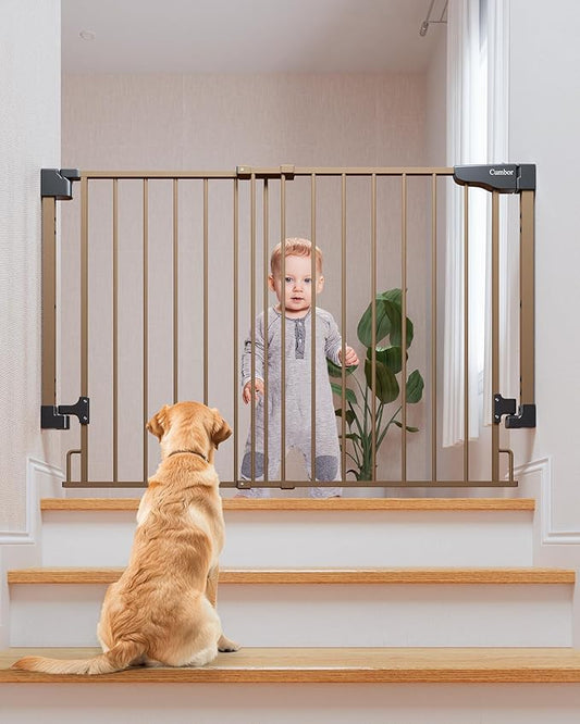 Cumbor 29.2–43" Baby Gate for Stairs, Wall-Mounted (Drill Required), No Bottom Bar Dog Gate, Auto Close Extra Wide Adjustable Walk Thru, Pet & Toddler Proof Gate, Top & Bottom of Stairways (Brown)