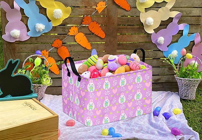 Rectangle Canvas Easter Basket, Rabbit, Laundry Basket, Storage Box for Toys Clothes Choice for Boys and Girls (Purple)