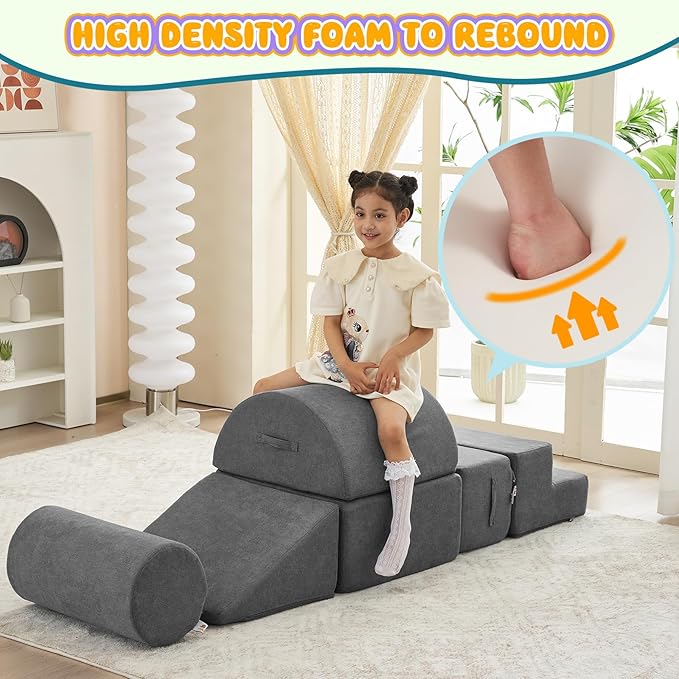 jela Kids Foam Climbing Blocks 6Pcs Soft Play Equipment, Toddler Climbing Toys Indoor Soft Play Climbing Set, Lightweight Climbing Blocks for Babies, Crawling Foam Playset (Miss Fabric Darkgrey)