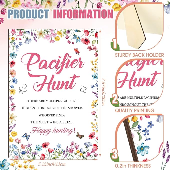 Thyle 51 Pcs Pacifier Hunt Baby Shower Games Include Hunt Sign and 50 Acrylic Pacifiers for Baby Shower Game Decoration Gift Sets Gender Reveal Party Decor(Wildflower)