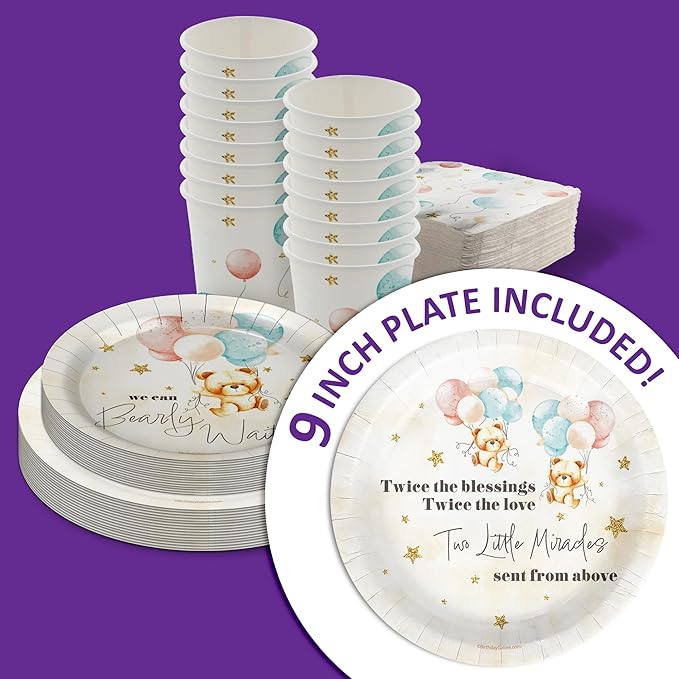Birthday Galore Twin Teddy Bears Party Supplies - 64 Piece Twins Baby Shower Tableware Set Includes Large 9" Dinner Plates and 8" Dessert Paper Plates Napkins Cups - Kit for 16