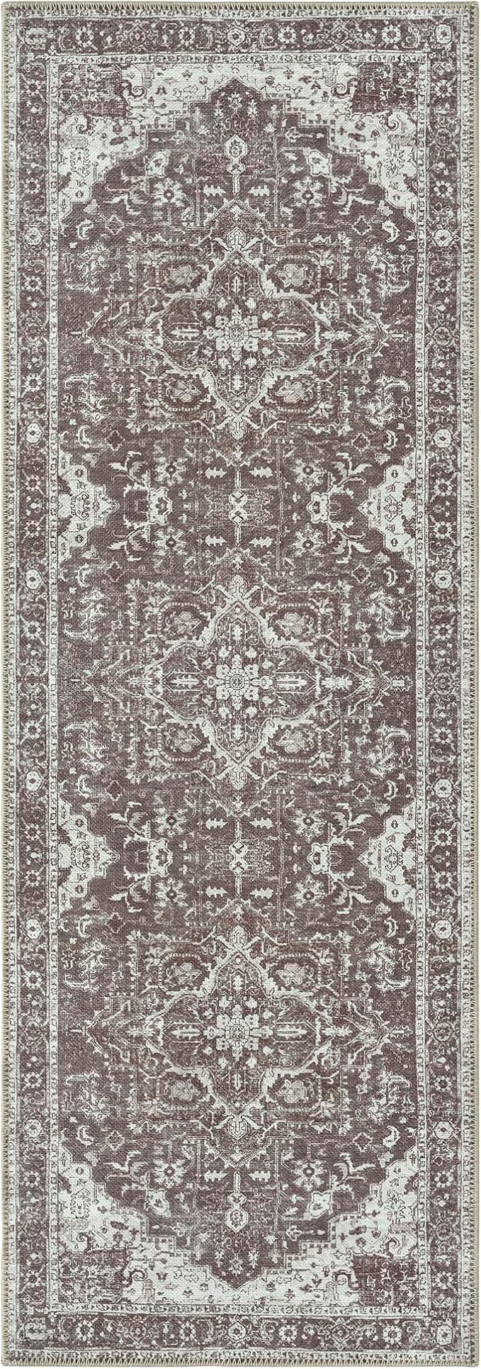 Bloom Rugs Washable Non-Slip 10 ft Runner - Dark Brown Traditional Medallion Runner for Entryway, Hallway, Bathroom, and Kitchen - Exact Size: 2.5' x 10'