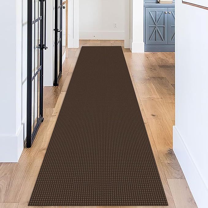 KOZYFLY Long Runners for Hallways 3x12 ft Washable Kitchen Runner Non Slip Rubber Backed Hallway Rugs Cotton Entryway Runner Rug Floor Carpet for Indoor Hall, Backdoor, Kitchen, Reddish Brown/Coffee