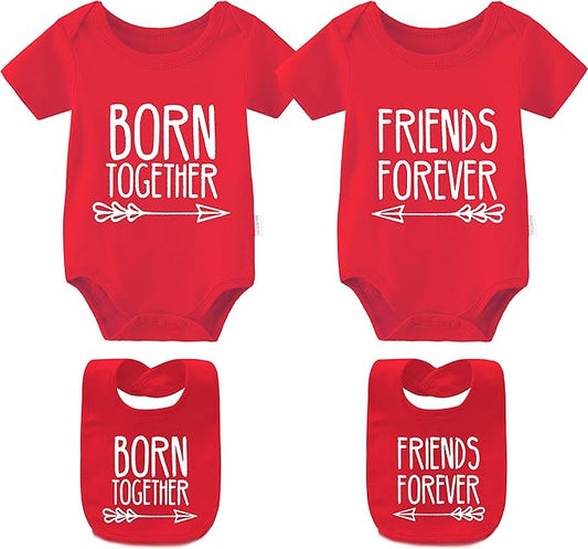 YSCULBUTOL Baby Twins Bodysuits Best Friends Forever Baby Clothes Set with Bibs Girl Outfit with hat
