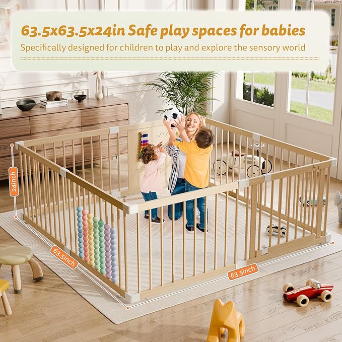 Large Wooden Baby Playpen for Babies and Toddlers, Adjustable Play Yard with Anti-Slip Base, Locking Gate & Easy Assembly, Indoor Kids Activity Center Safety Play Fence 63.5×63.5
