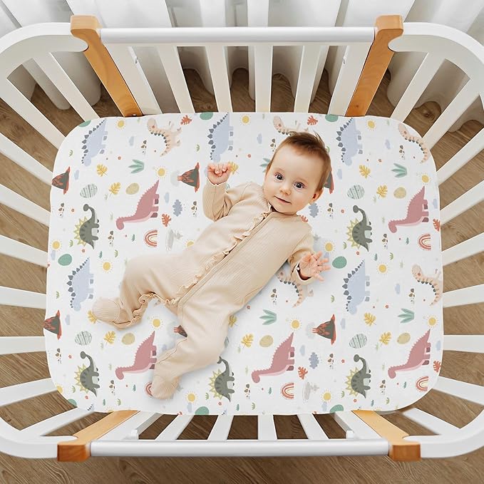 Baby Crib Sheets Dinosaur Plant Rainbow Crib Sheets for Boys Girls,Neutral Bassinet Toddler Bed Play Sheets Breathable Soft and Portable 52 * 28 * 9in