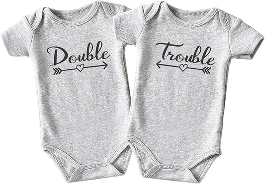 Double Trouble Twin Outfits For Boy And Girl Newborn Twins Baby Items Must Haves Twin Announcement