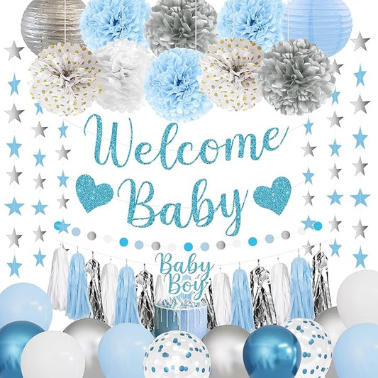 Amandir Blue Boy Baby Shower Decorations Welcome Baby Banner, Cake Topper, Paper Lantern, Light Blue Balloons, Pom Poms Flowers Tassels, Circle Dots Star Garland, Gender Reveal Birthday Party Supplies
