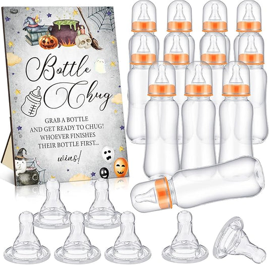 TrelaCo Halloween Cool Baby Shower Games Bottle Chug Sign Wooden Halloween Boo Theme Baby Gift Sets Gender Reveal Party Favors and 12 Pcs Baby Bottle Shower Favor Baby Bottles for Baby Shower