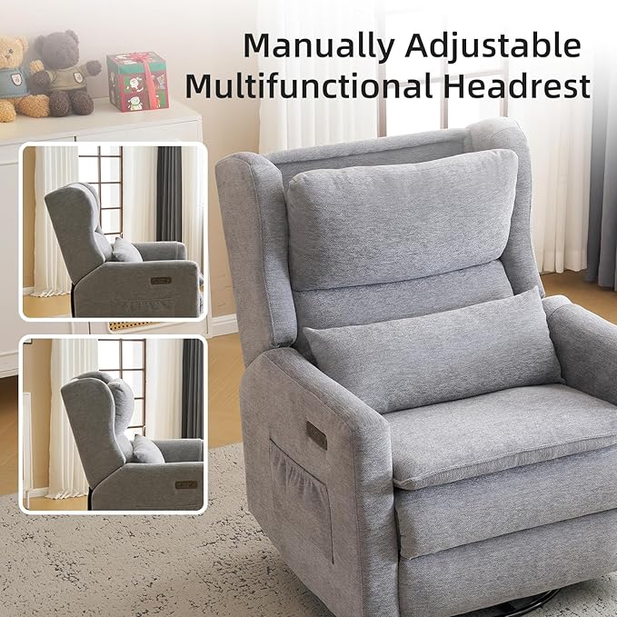 Oversized Swivel Rocker Recliner Chair, 26" Extra Wide Glider Nursery Chair with Adjustable Headrest, Chenille Power Recliner Rocking with Double Cushion, Cup Holder, Grey