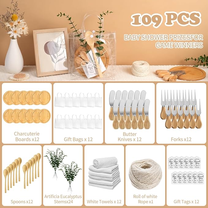 109Pcs Baby Shower Prizes for Game Winners 12 Sets Cheese Board Spoon Fork Butter Spreaders Plaid Towel Thank You Card and Gift Bags for Baby Shower Wedding Bridal Shower Favors (12, Bamboo Color)