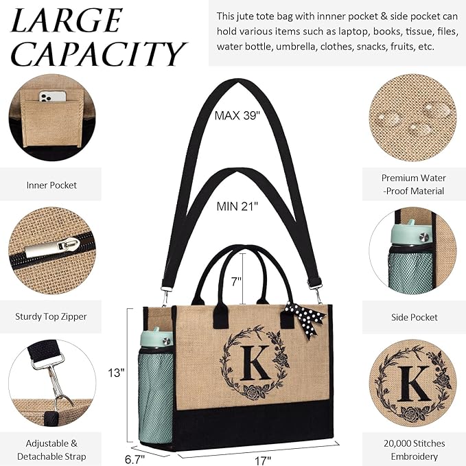 MAYICIVO Personalized Initial Jute Tote Bag & Makeup Bags Set, Large, Jute, Women's Gift for Birthday, Christmas, Mother's Day