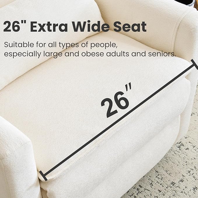 Oversized Swivel Rocker Recliner with Adjustable Headrest, 26" Extra Wide Glider Recliner Nursery Chair with Double Cushion, Chenille Glider Rocking Chair for Living Room,Cup Holder,White