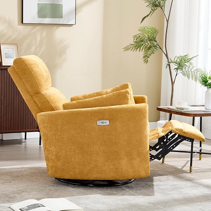 Recliner Swivel Glider Electric Rocking Chair with USB Port,Multifunction Power Recliner Living Room Bedroom with Upholstered Nursery Chair Adult Rocking Chair with 2 Pillows (Yellow, Power-Driven)