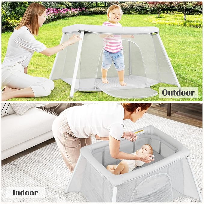 INFANS Travel Crib, Portable Baby Playpen with Removable Bassinet Soft Mattress Carry Bag, Foldable Lightweight Playard Nursery Center for Newborns Toddlers (Light Gray)