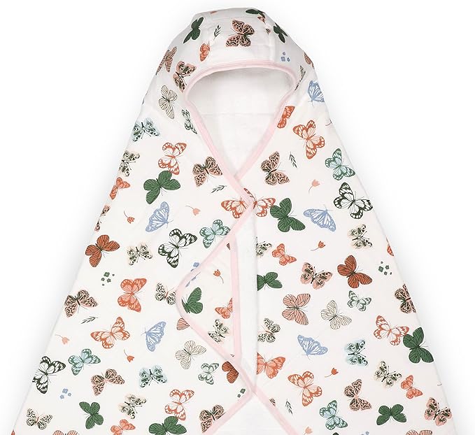 Little Unicorn Premium Hooded Bath Towel| Absorbent Cotton & Terry Blend | Larger Size, 1-6 Years (Butterflies)