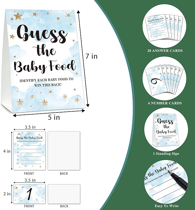 Baby Shower Game Set, Find The Baby Food Party Games(1 Standing Sign + 20 Answer Cards + 6 Number Cards), Moon and Stars Shower Games, Sleepover Gender Reveal Party Favor Decor(A05)