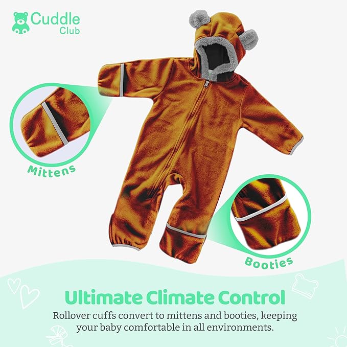 Cuddle Club Fleece Baby Bunting Bodysuit with Hood, Convertible Mittens & Booties, Car Seat Friendly, Soft & Warm, Easy Zip