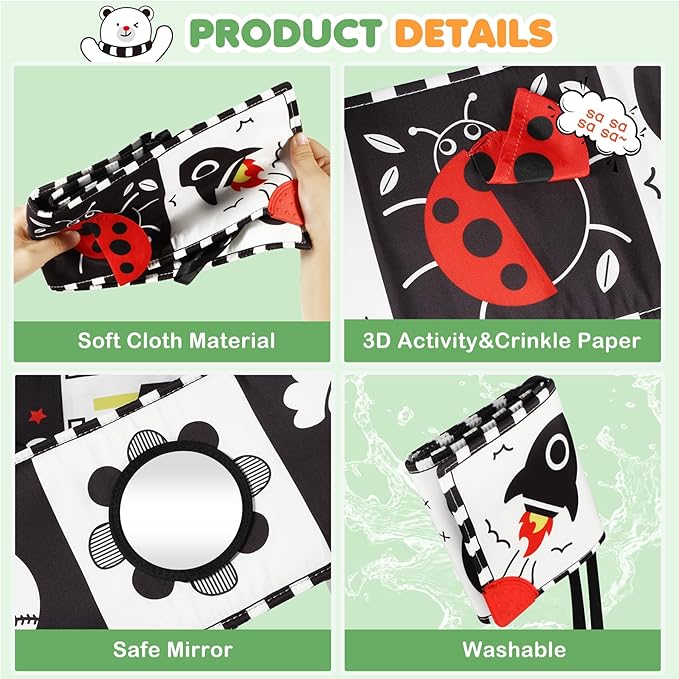 High Contrast Baby Toys for Newborn - Tummy Time Black and White Baby Toys for 0-3-6-12 Months - Soft Montessori Visual Stimulation Sensory Infant Book - Gift for Boys Girls