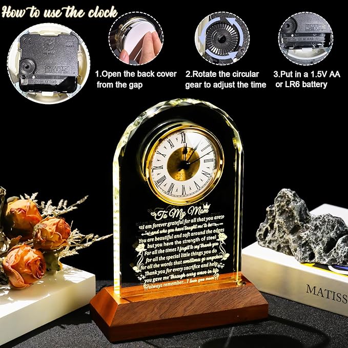 Glass Clock Gifts for Mom from Daughter Son with Wooden Light Base, Personalized Gift for Mom Who Has Everything on Birthday Mother's Day, Present for Mother on Christmas Home Desk Clock