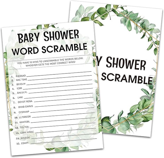 Baby Shower Game Cards, Word Scramble Game, Tropical Jungle Theme Party Cards for Gender Neutral Boys or Girls, Set of 30 Cards(Green005)