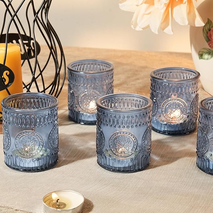 30pcs Votive Candle Holders, 2x2.5inch Blue Glass Tea Light Candle Holder Butterfly Pattern Votives for Wedding, Baby Shower, Party Decor
