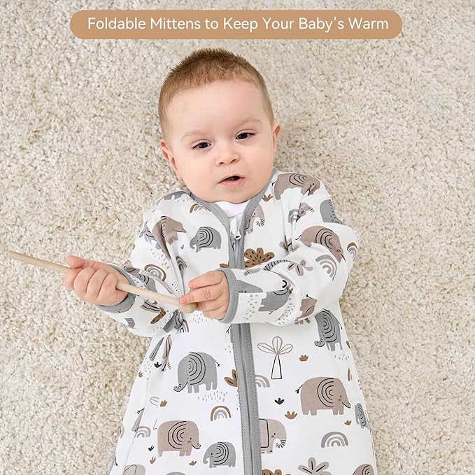 Baby Sleep Sack 6-12 Months, Long Sleeve Baby Wearable Blanket 0.5 Tog with Mittens, 2-Way Zipper Infant Cotton Sleeping Sack for Boy and Girl Grey Elephant 2 Pack (Medium)