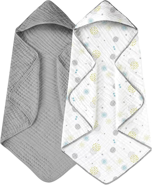 Yoofoss Hooded Baby Towels for Newborn 2 Pack 100% Muslin Cotton Baby Bath Towel with Hood for Babies, Infant, Toddler and Kids, Large 32x32Inch, Soft and Absorbent Newborn Essential