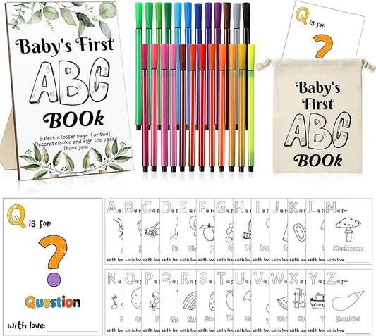 Geelin 51 Pcs Fun Baby Shower Game Activities First Abc Book Sign Coloring Game Card 26 Alphabet a to Z Coloring Card with 24 Watercolor Pen Storage Bag for Baby Shower Party(Greenery)