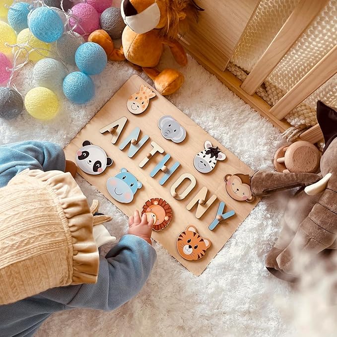 Name Puzzle for Kids Personalized, First Birthday for Baby Boy Girl, Wooden Name Puzzles for Toddlers 1-3, Educational Toys for 1 Year Old (Animal)