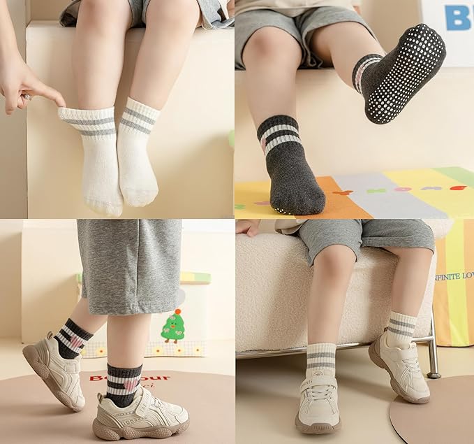 Toddler Grip Socks with Non-Slip, Unisex Baby Retro Stripe Seamless Crew Ankle Cotton Socks for Girls Boys 6 Pairs