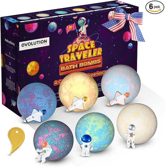 EvolutionUSA Space Bath Bombs for Boys & Girls, 6 Planet Bath Balls with Toy Hidden Inside, Organic Hypoallerganic Childrens Bathbombs, Cosmic Fun Space Surprise, Gift Set Birthday, Christmas, Easter