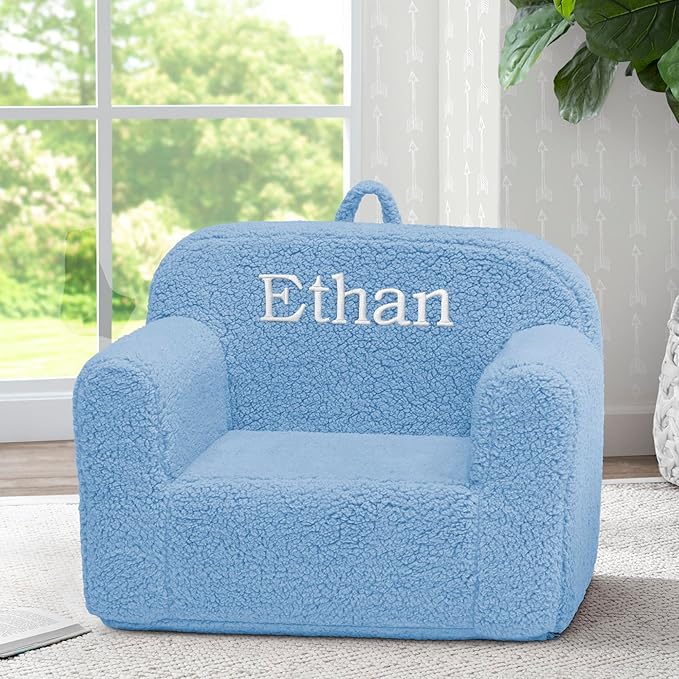 Delta Children Personalized Sherpa Cozee Chair - Customize with Name – Foam Kids Chair for Ages 18 Months and Up, Powder Blue