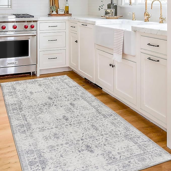 ReaLife Rugs Machine Washable Area Rug Runner - Living Room Bedroom Bathroom Kitchen Entryway Office - Padded Low Pile Stain Resistant Premium - Boho Farmhouse Vintage - Noor - Ivory Grey 2'6" x 8'