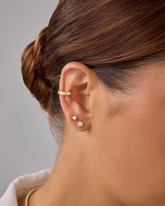 PAVOI 14K Gold Plated Dainty Flat Back Earrings for Women - Hypoallergenic Sterling Silver Posts Helix Cartilage Piercing Jewelry - Emoji Motif Bow Celestial Flatback Gold Stud Earrings Screw Back