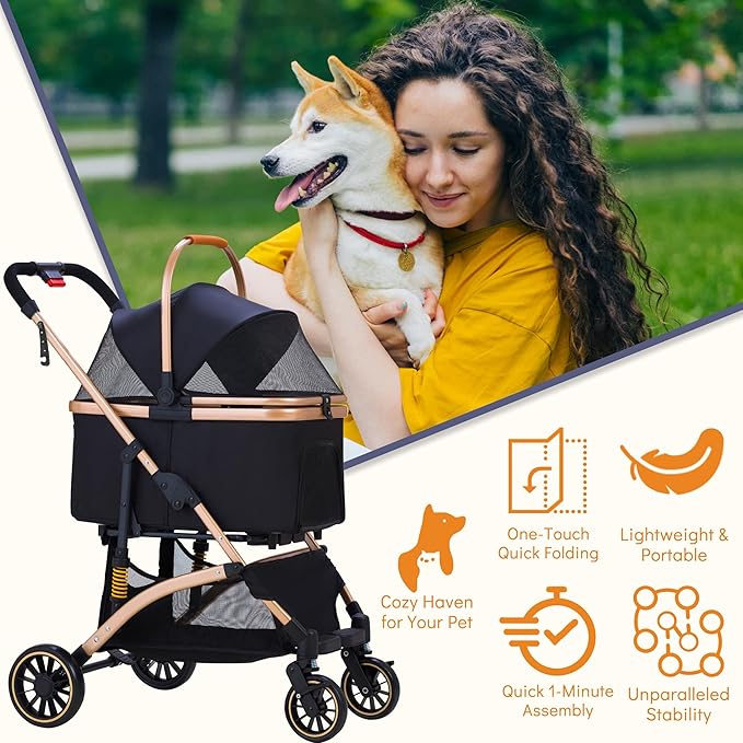 Pet Stroller for Small Medium Dogs, Lightweight Small Dog Stroller for Dogs Cats with 6 Shock Absorption System, Detachable Carrier Suitable for Car Seat & Hand Carry, Safe Outings