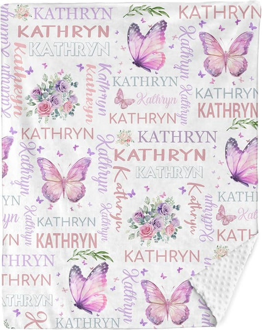 Personalized Baby Blanket for Girls Butterfly Custom Baby Blankets with Name Dotted Backing Customized Gifts for New Mom Customize Baby Blanket for Kids Newborn Birthday