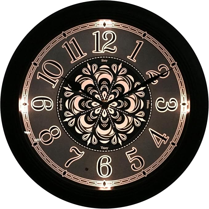 Evelyne LED Round Wall Clock - 12.5" Victorian Style Dial, Battery Operated, Night-time Sensor - Easy-to-Read Analog for Bedroom, Office & Living Room