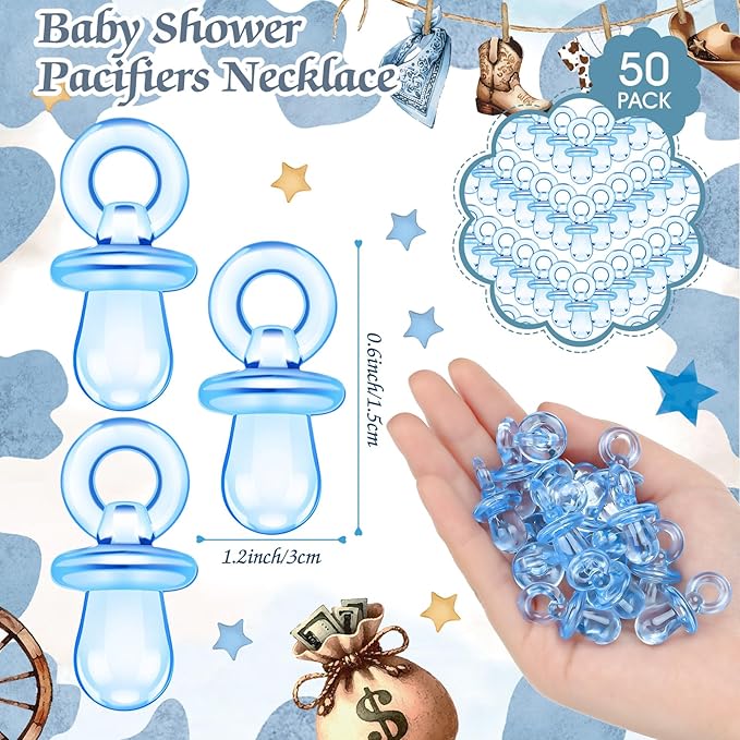 Thyle 51 Pcs Pacifier Hunt Baby Shower Games Include Hunt Sign and 50 Acrylic Pacifiers for Baby Shower Game Decoration Gift Sets Gender Reveal Party Decor(Cowboy)
