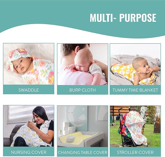 Featherhead™ 100% Cotton Muslin Swaddle Blankets for Baby Girl - Large 47”x 47” - Pre-Washed, Soft, & Breathable - Newborn Essential & Perfect Baby Registry Gift (4 Pack - Garden Floral)