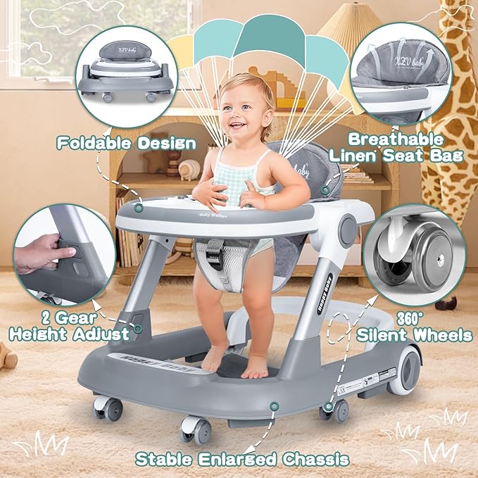 Baby Walker with Wheels 4 in 1 Foldable Activity Center with Mute Wheels Adjustable Heights Anti-Fall Activity Center for Boys Girls Safe Infant Toddler Walker with Footrest for 6-24 Months