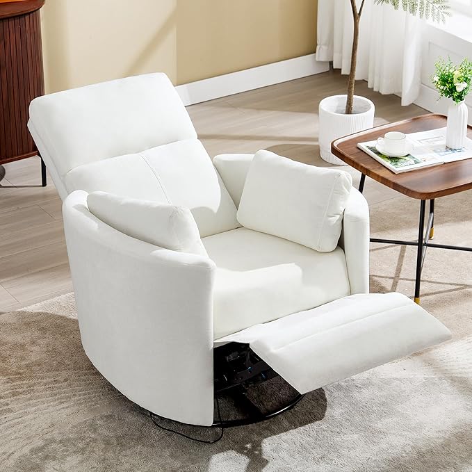 Swivel Rocker Recliner Chair, Manual Nursery Rocking Chair Upholstered Adult Rocking Chair with 2 Pillows for Living Room Bedroom (White, Manual Operation)